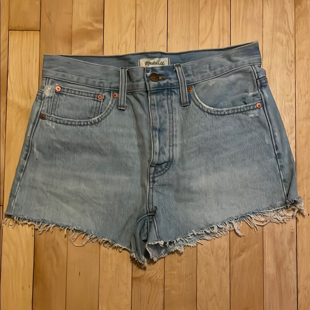 Madewell Blue Distressed Jean Shorts with Button Fly and Frayed Hems